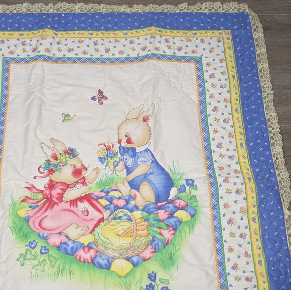 New Handmade Quilt Garden- Spring Bunny Rabbits Baby Blanket Lace Trim - Picture 3 of 5